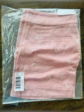 LOFT Pink Linen Shorts with White Embroidery